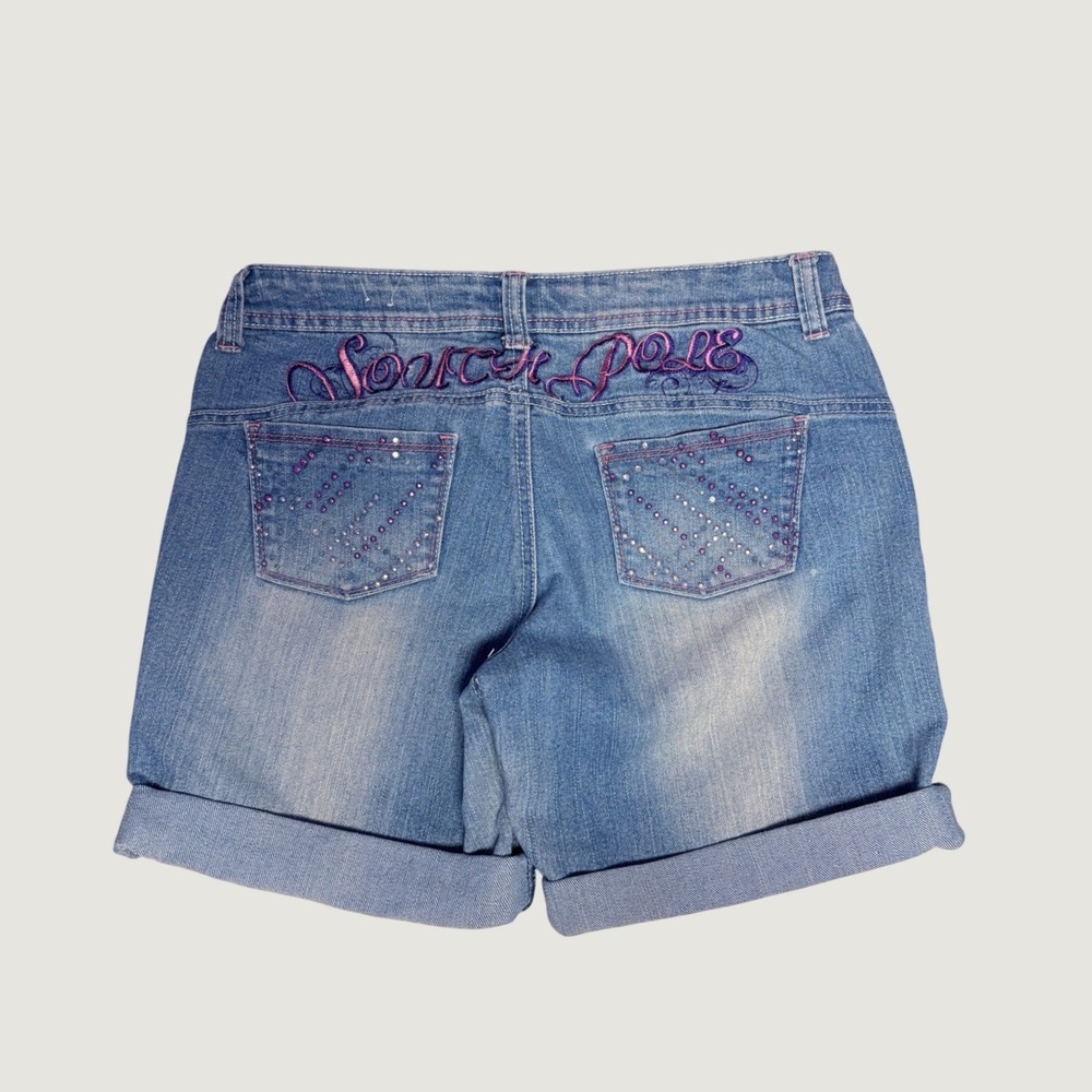 Y2K Southpole Denim Shorts Embroidered Logo Rhinestone Pink Stitching Blue #16